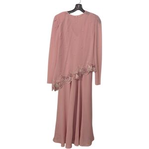 80s Pink 2 Piece Lace & Pearl LS Asymmetrical Top & Sleeveless Formal Dress*